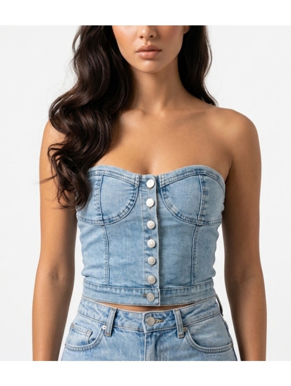 Light Wash Denim Button-Front Bustier Top